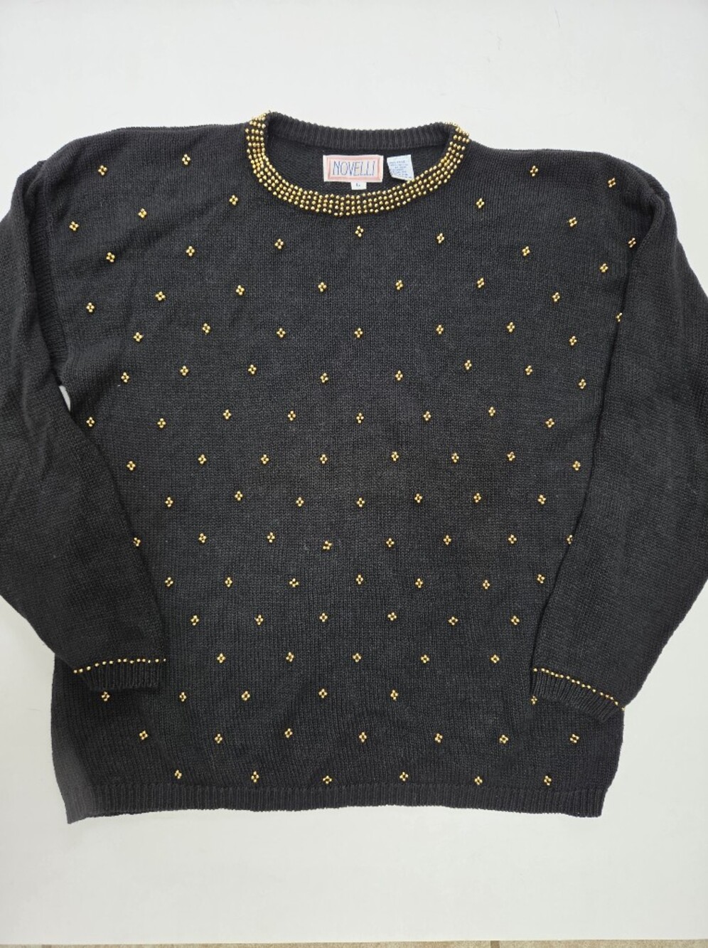 VTG Novelli Christmas Sweater Ramie Cotton gold beaded holiday knit top 80s L
